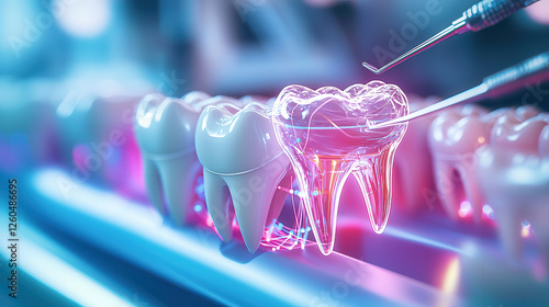 Autonomous robotic dentist performing AI enhanced dental procedures with glowing teeth model. Innovative technology in dentistry showcases precision and advanced care