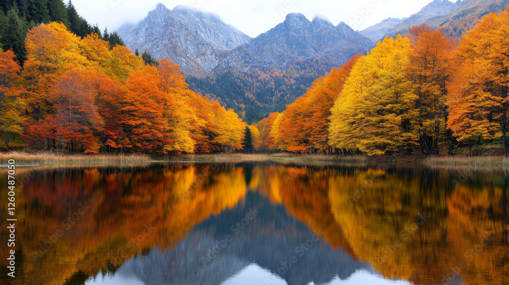 Fall colors reflect in calm lake surrounded by vibrant trees and mountains Fall colors reflect in calm lake surrounded by vibrant trees and mountains