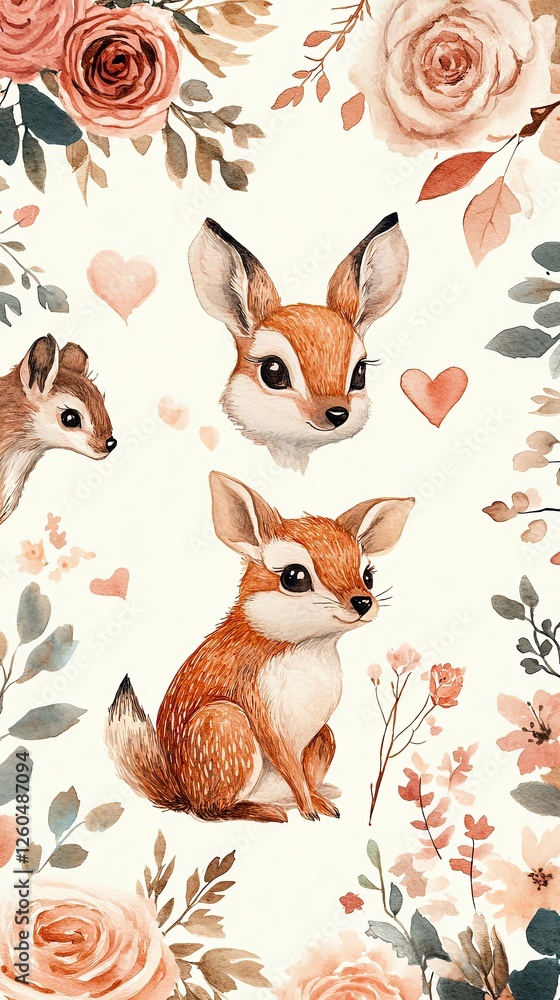 Fototapeta premium Whimsical Woodland Love: Adorable Forest Friends Cute illustrated animals with floral elements.