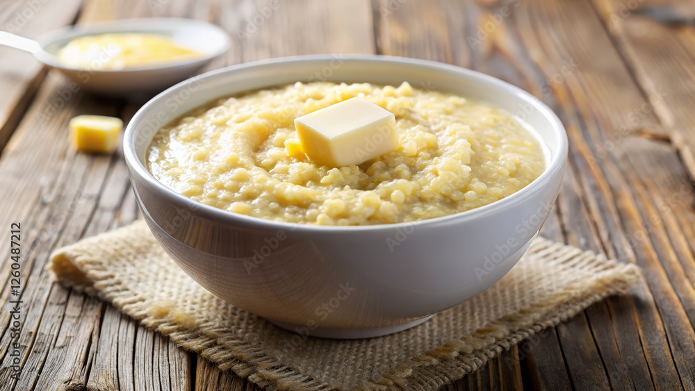 Delicious millet porridge with butter served in a bowl on a rustic wooden table Delicious millet porridge with butter served in a bowl on a rustic wooden table