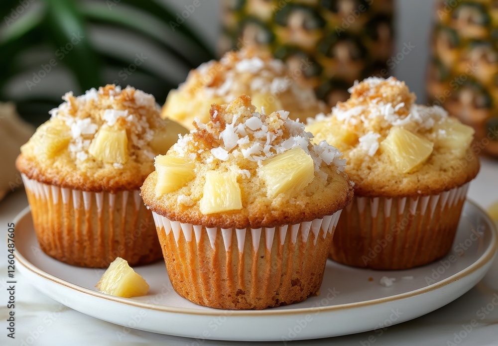 Delicious tropical pineapple coconut cupcakes topped with shredded coconut and fresh pineapple pieces on a stylish plate with a background of greenery Delicious tropical pineapple coconut cupcakes topped with shredded coconut and fresh pineapple pieces on a stylish plate with a background of greenery