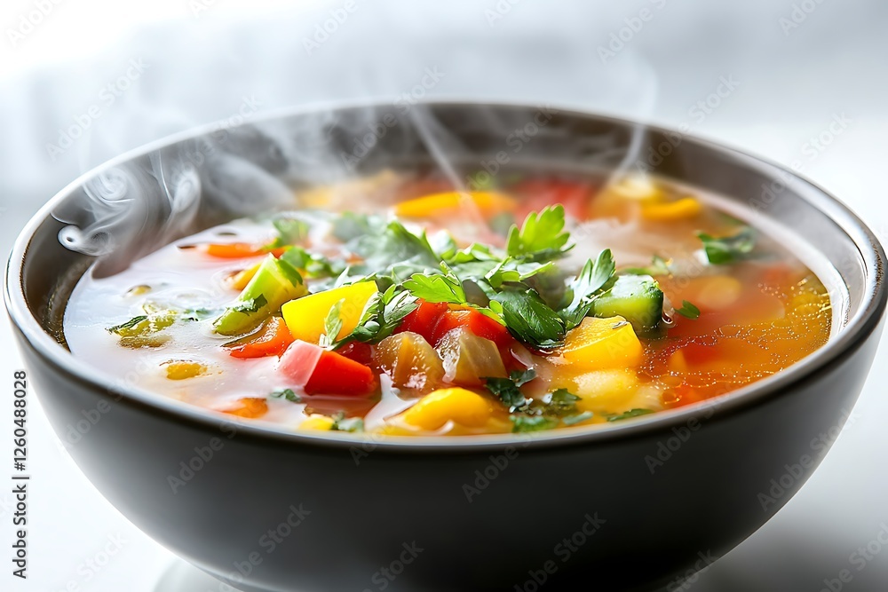 An inviting bowl showing a colorful blend of vegetables in soup, with steam swirling gently, expertly staged against an immaculate white background for maximum allure. An inviting bowl showing a colorful blend of vegetables in soup, with steam swirling gently, expertly staged against an immaculate white background for maximum allure.