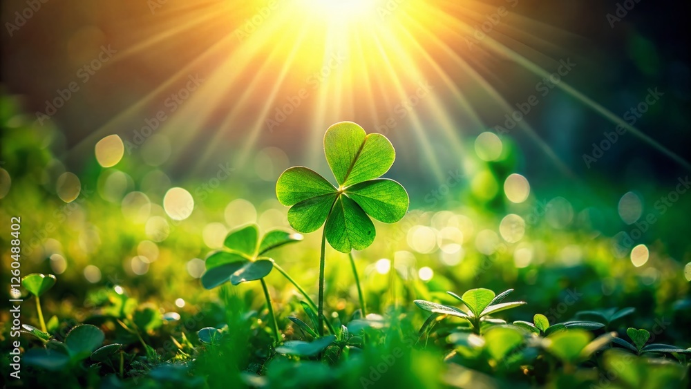Lucky Four-Leaf Clover in Lush Green Meadow - Bokeh Background Stock Photo Lucky Four-Leaf Clover in Lush Green Meadow - Bokeh Background Stock Photo