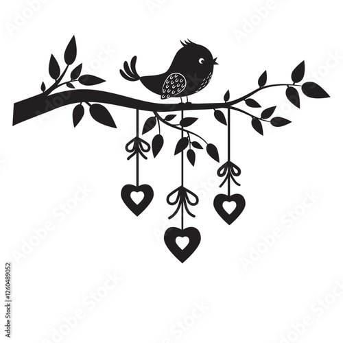 Bird on a branch with a garland of hearts, black silhouette