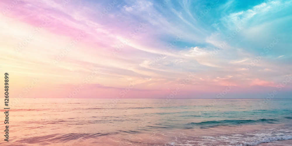 Fototapeta premium Smooth gradient of colors on the sky with a dreamy wavy sea view, reflecting the sky