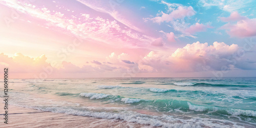 Smooth gradient of colors on the sky with a dreamy wavy sea view, reflecting the sky