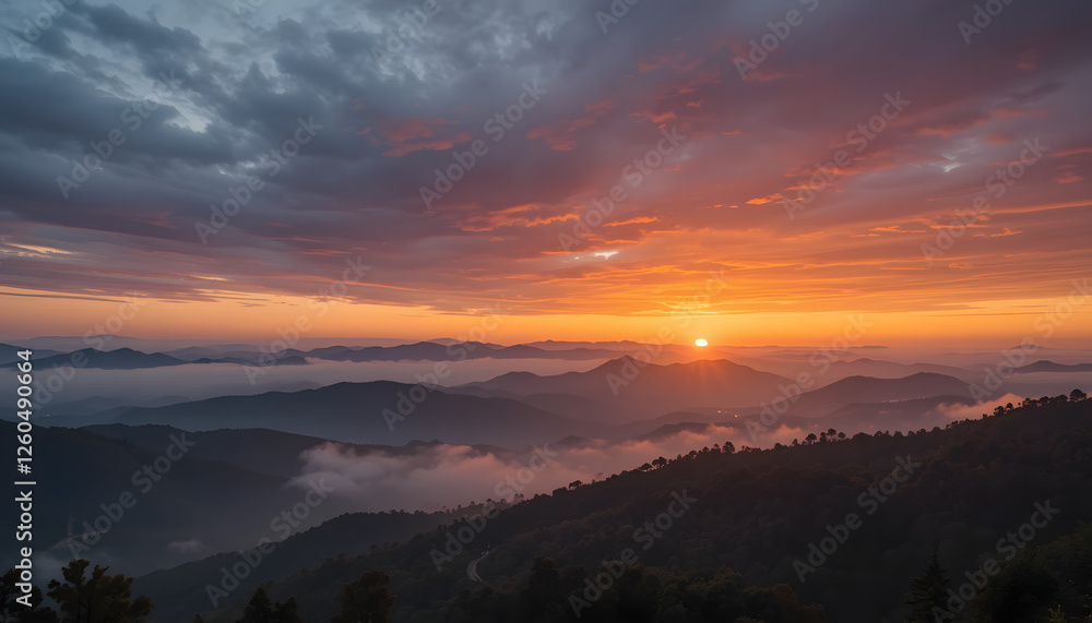 Fototapeta premium Mountain sunset over misty valley