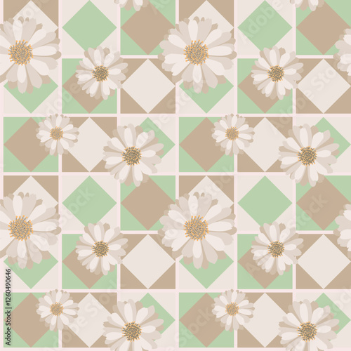 Geometric grid checkered seamless pattern, squared with simple daisy flower without outlines