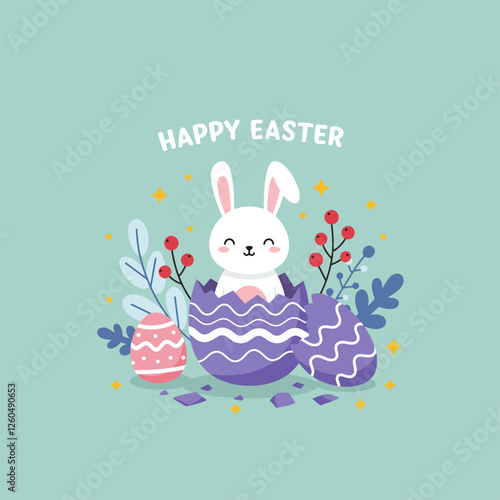 Happy Easter Bunny Hatching From Egg with Floral Accents Illustration