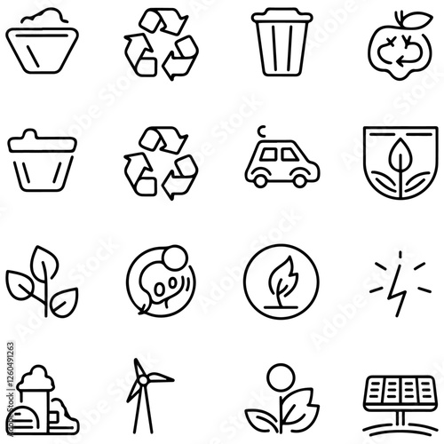 Net zero line icons collection. Sorting, recyclable, electric car, organic, solar energy icons. UI icon set........