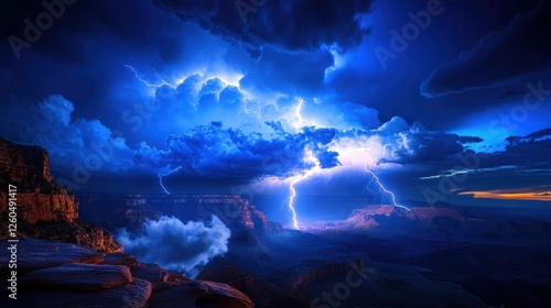 A breathtaking view of a dramatic lightning storm illuminating a rugged landscape at twilight photo