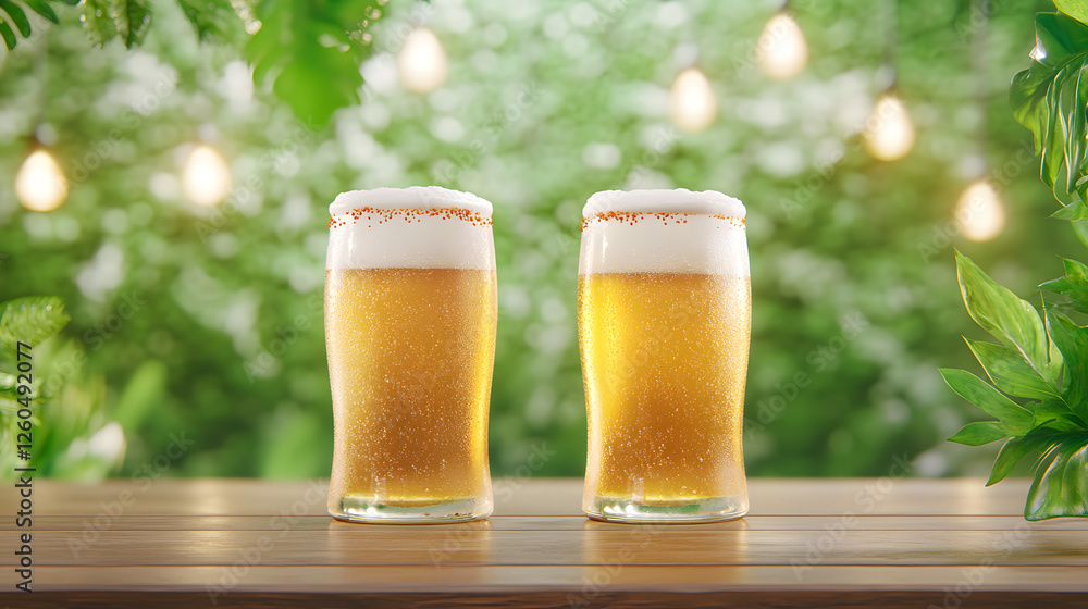 Two frosty beer glasses filled with golden beer, topped with foam.
Two frosty beer glasses filled with golden beer, topped with foam.