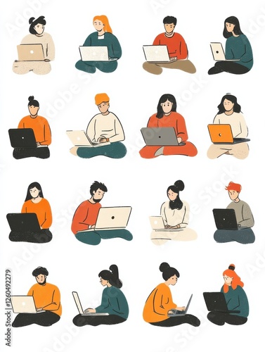 Linear vector illustration set of isolated people with computers at workplace virtual video conference call and meeting. Diverse men and women with laptops at remote work online business communicatio photo