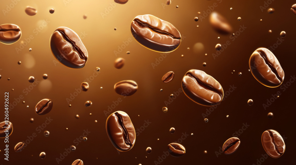 Coffee beans floating in air with a golden background and soft lighting Coffee beans floating in air with a golden background and soft lighting