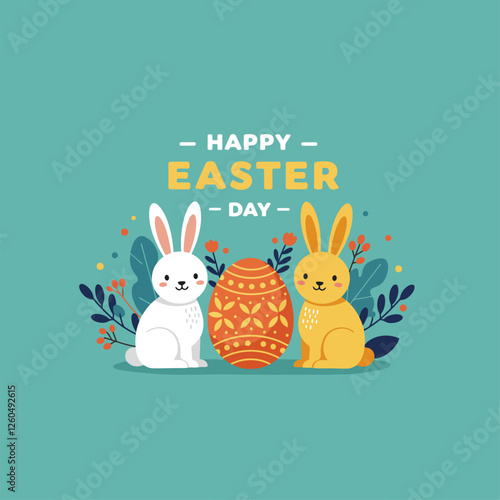 Celebrating Happy Easter Day with Bunny Rabbits and Decorated Egg