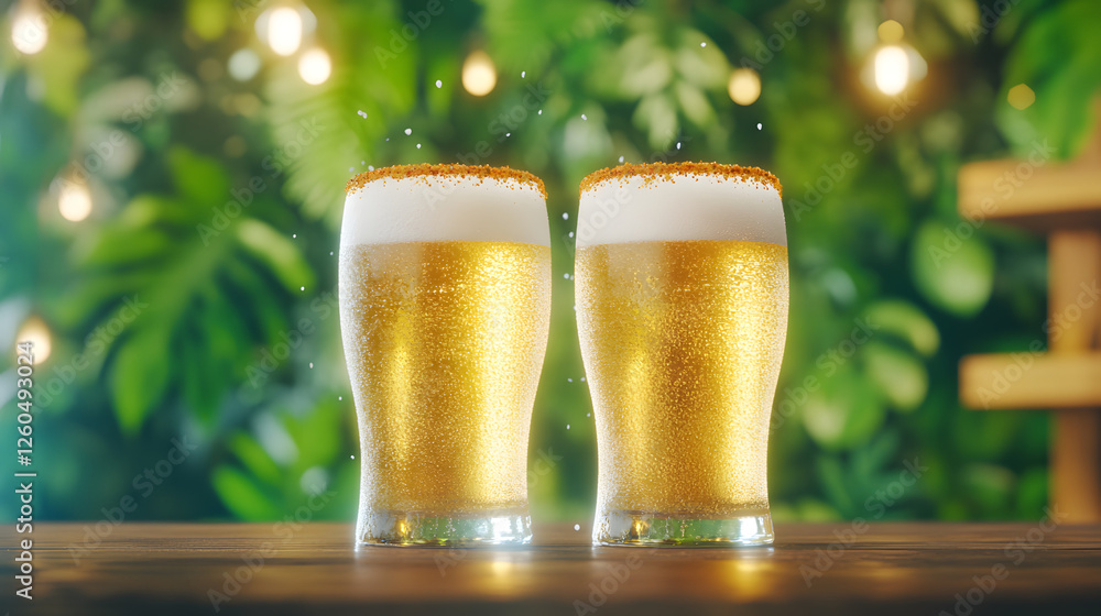 Two frosty beer glasses filled with golden beer, topped with foam.
Two frosty beer glasses filled with golden beer, topped with foam.