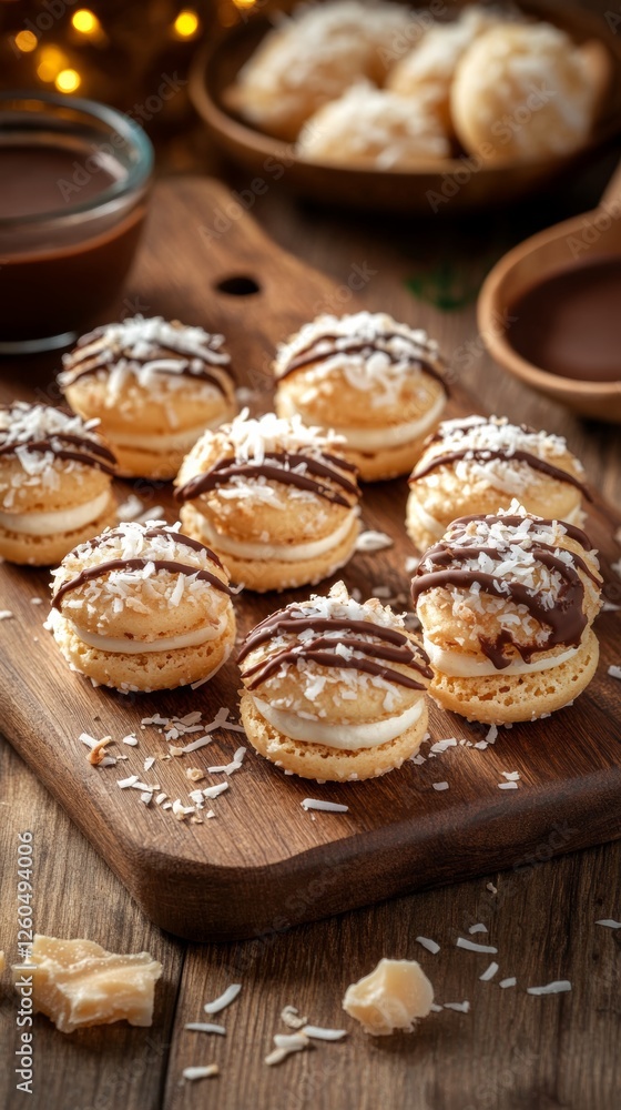 Delightful golden coconut macaroons with dark chocolate drizzle and toasted coconut flakes on rustic wooden board Delightful golden coconut macaroons with dark chocolate drizzle and toasted coconut flakes on rustic wooden board