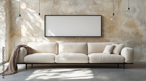Elegant, Modern Cream Sofa in Minimalist Living Room with Textured Wall and Soft Lighting
