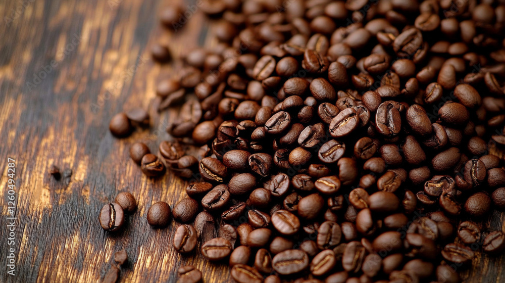 Freshly roasted coffee beans scattered over a wooden surface Freshly roasted coffee beans scattered over a wooden surface