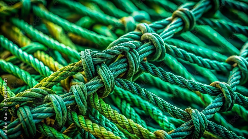 Macro Close-up of Green Fishing Net, Knotted Texture Detail, Hanging Fabric, Green Netting Background Macro Close-up of Green Fishing Net, Knotted Texture Detail, Hanging Fabric, Green Netting Background