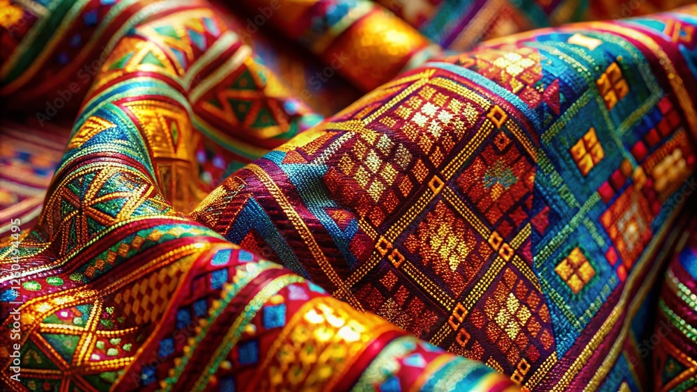 Macro Close-up of Intricate Thai Silk Fabric Texture, Woven Pattern Detail Macro Close-up of Intricate Thai Silk Fabric Texture, Woven Pattern Detail