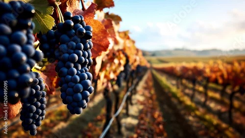 Clusters of ripe purple grapes hanging on vines in a vineyard, surrounded by autumn-colored leaves under a clear blue sky