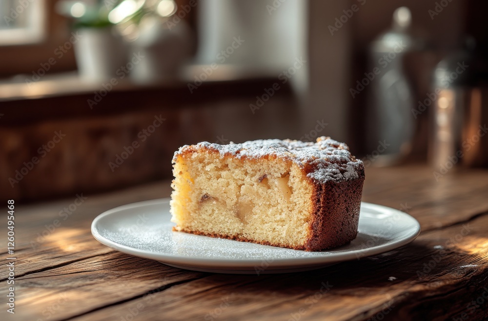 Freshly Baked Apple Cake Sliced on a Plate with Icing Sugar on Rustic Wooden Table in Soft Natural Light Freshly Baked Apple Cake Sliced on a Plate with Icing Sugar on Rustic Wooden Table in Soft Natural Light