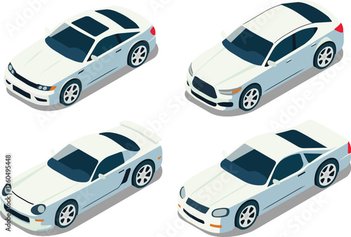Set of isometric sports car, car with sunroof vector illustration