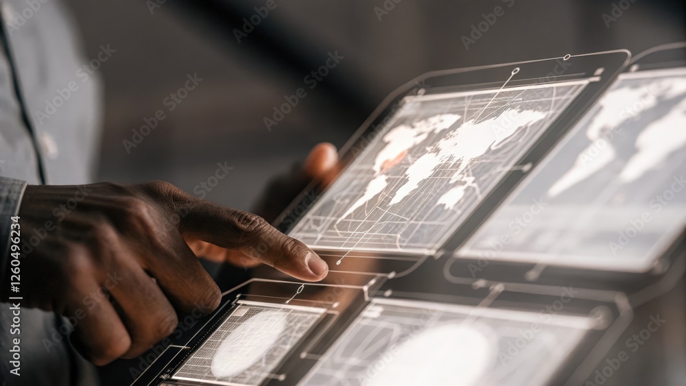 A closeup of a hand interacting with a 3D holographic display manipulating data related to shipment tracking and delivery timelines. A closeup of a hand interacting with a 3D holographic display manipulating data related to shipment tracking and delivery timelines.