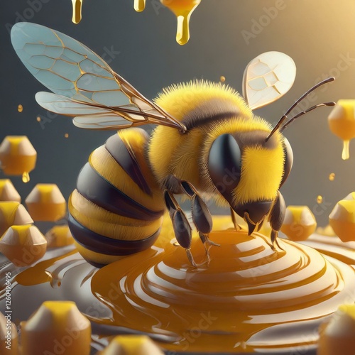 Portrait of a bee flying on honey. Illustration for multiple uses