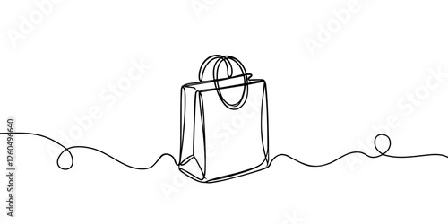 Shopping bag in continuous one line art drawing. Paper package minimalist isolated vector illustration.