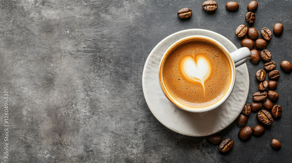 Artistic coffee cup with heart-shaped foam and scattered beans Artistic coffee cup with heart-shaped foam and scattered beans