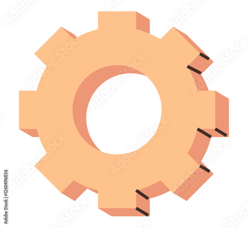 Orange gearwheel with defined notches and hollow center symbolizing mechanics, industry, collaboration, teamwork, engineering, innovation, and productivity. Ideal for process, automation system