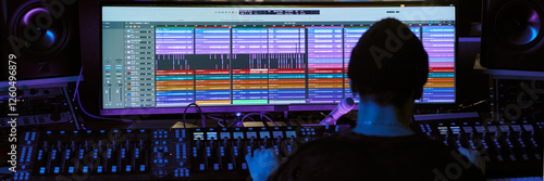 Photos Website banner with back view of unrecognizable male sound engineer sitting in f
