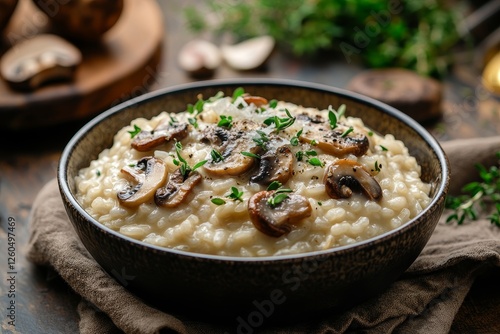 Creamy mushroom risotto, rustic kitchen setting (1)