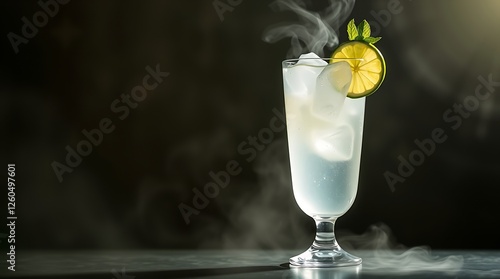 Cocktail with lime and ice in a glass