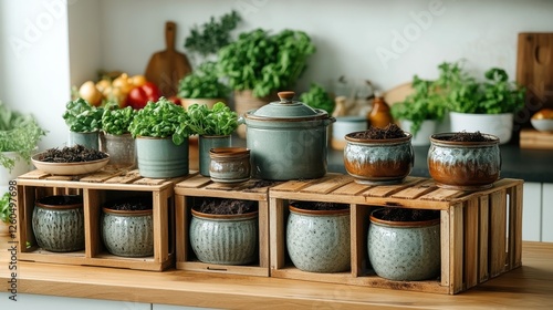 A rustic kitchen display featuring decorative pots and fresh herbs on a wooden counter.