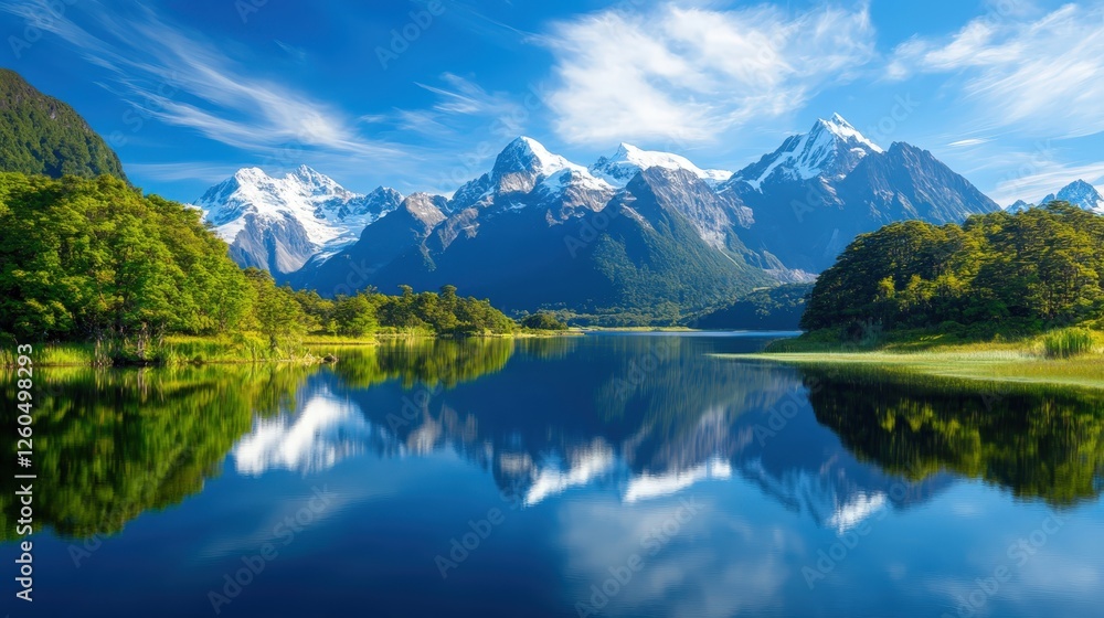 Fototapeta premium A breathtaking view of rugged mountains reflecting in a pristine lake under a vibrant blue sky, surrounded by lush green trees and serene nature, perfect for outdoor enthusiasts.