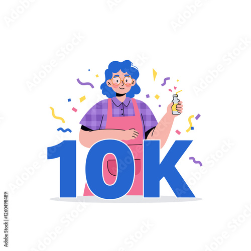 Celebrating Ten Thousand Followers Woman with Drink and Confetti Illustration