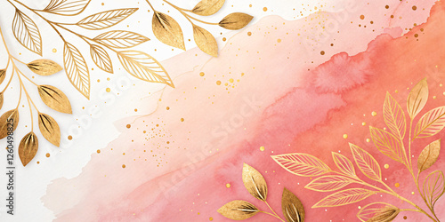 Elegant watercolor splash background with soft pink and peach tones, accented by delicate gold foil leaves or flowers