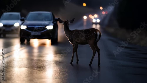 Deer crossing a wet road at night with blurred headlights of oncoming cars reflecting on the surface