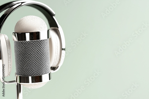 A sleek podcasting setup featuring a high-end silver microphone and white headphones against a soft pastel green background, ideal for podcast branding, content creation, and professional audio setups