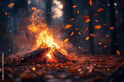 Autumn bonfire flames forest night