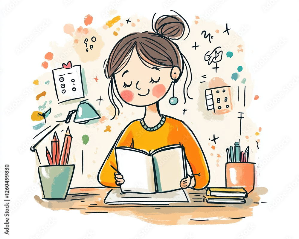 Cheerful Hand-Drawn Illustration of a Girl Reading a Book at a Desk with Study Supplies, Perfect for Educational and Learning Themes Cheerful Hand-Drawn Illustration of a Girl Reading a Book at a Desk with Study Supplies, Perfect for Educational and Learning Themes