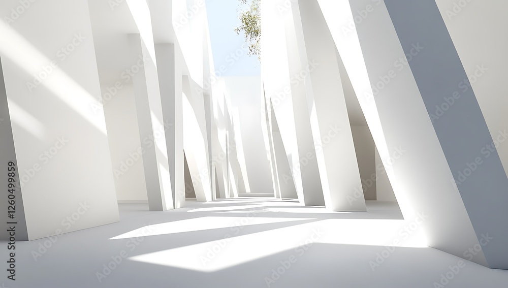 Sunlit white corridor, architectural design, indoor space, background greenery Sunlit white corridor, architectural design, indoor space, background greenery