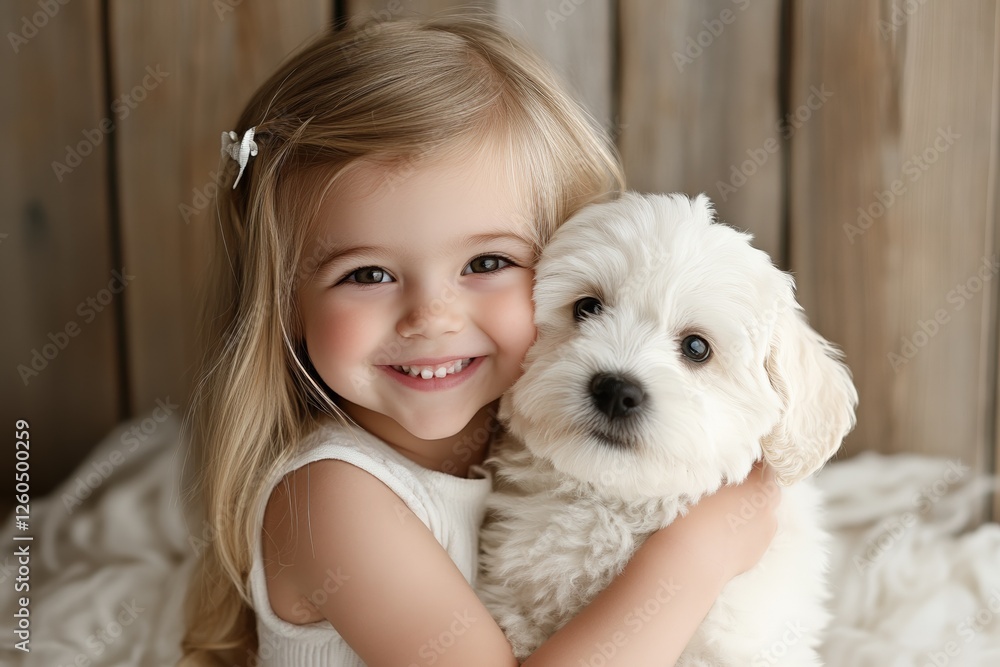 Young caucasian girl hugging fluffy puppy in cozy setting Young caucasian girl hugging fluffy puppy in cozy setting