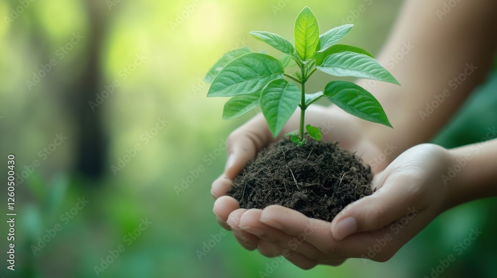 Hands holding young plant with soil. Hands holding young plant with soil.