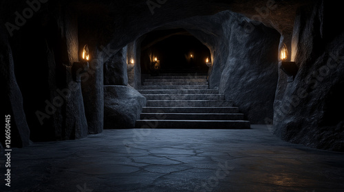 A dark cave with a stone staircase leading down