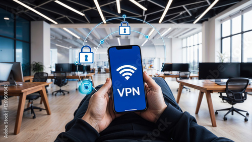 Safeguarding Digital Privacy: Secure VPN Connection via Smartphone in a Modern Workspace in the background, 