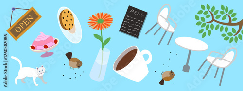 Playful coffee themed doodle set featuring cup, tea and desserts. Warm and aromatic design, perfect for cafe menu, stickers, banner and decorative background with trendy artistic touch. Art flyer.